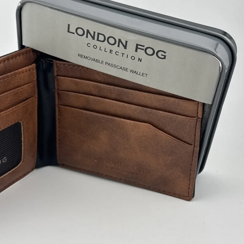 London Fog Mens Leather Bifold Passcase Wallet Brown Black RFID Blocking Tin